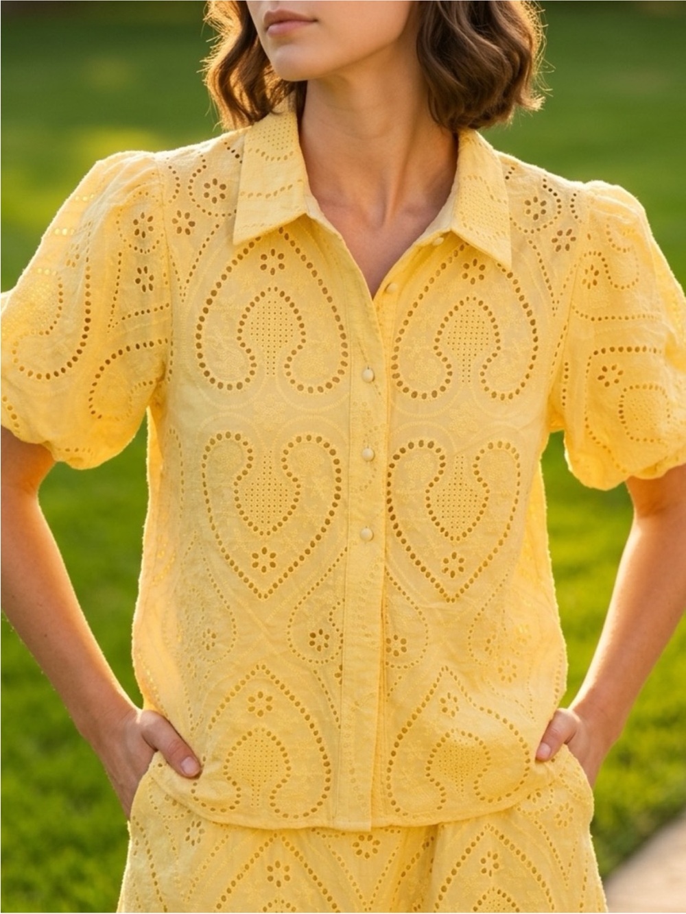 Yellow Eyelet Puff-Sleeve Button-Up Top - Picture 1 of 1